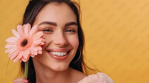 สาววัยรุ่นยิ้มสดใสถือดอกไม้สีชมพูบนพื้นหลังสีเหลือง