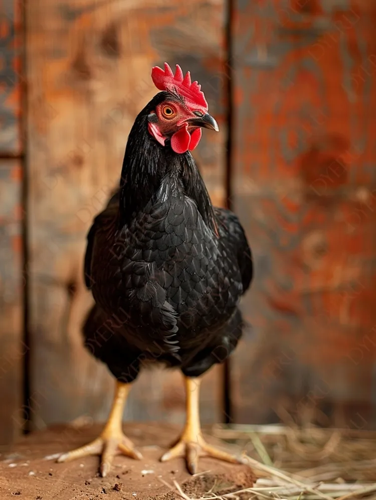 ไก่ดำยืนอยู่บนพื้นไม้ในฟาร์มเกษตรกรรม