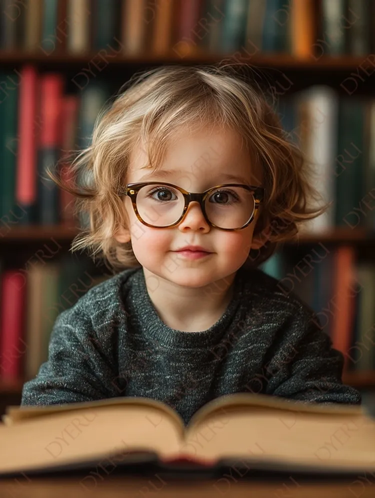 เด็กชายตัวน้อยที่น่ารักสวมแว่นตา กำลังนั่งอ่านหนังสือในห้องสมุดที่เต็มไปด้วยหนังสือสีสันสดใส
