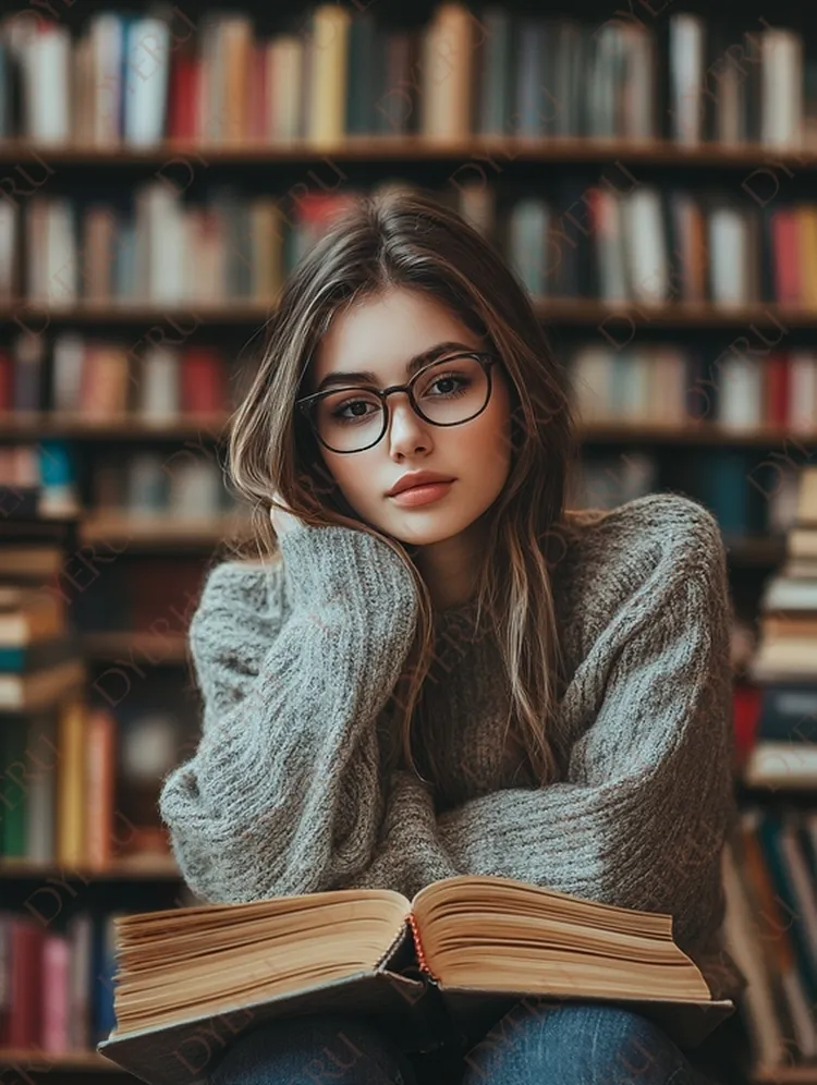 สาววัยรุ่นใส่แว่นอ่านหนังสือในห้องสมุดที่มีหนังสือมากมาย