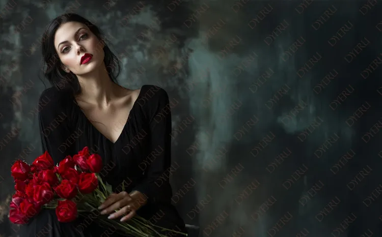 หญิงสาวสวยในชุดดำถือดอกกุหลาบแดงในบรรยากาศลึกลับ
