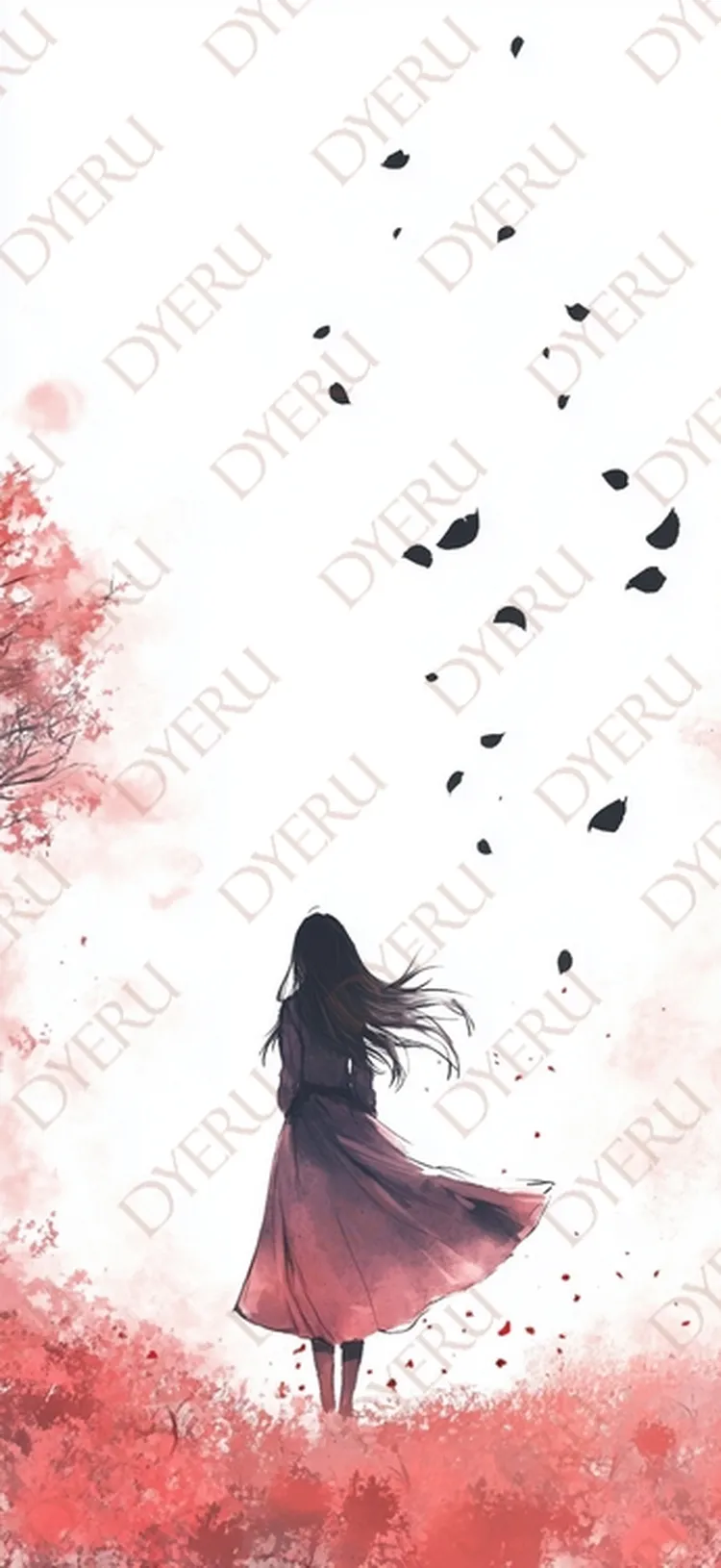 หญิงสาวในชุดยาวยืนอยู่ท่ามกลางใบไม้ร่วงในฤดูใบไม้ร่วง