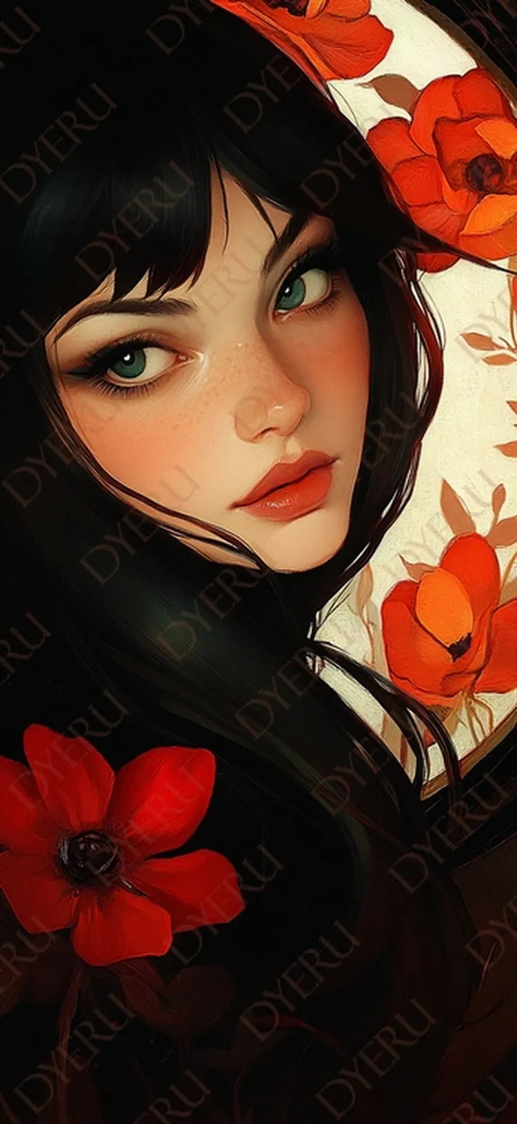 หญิงสาวผมยาวสีดำกับดอกไม้สีแดงในพื้นหลัง