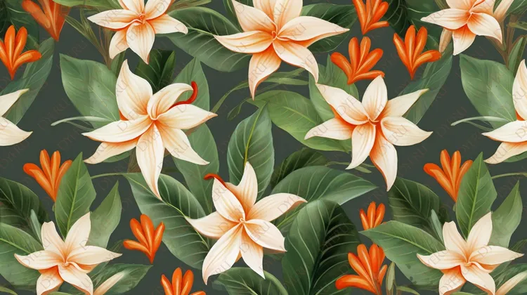 ลวดลายดอกไม้เขตร้อนสีสันสดใสบนพื้นหลังสีเข้ม