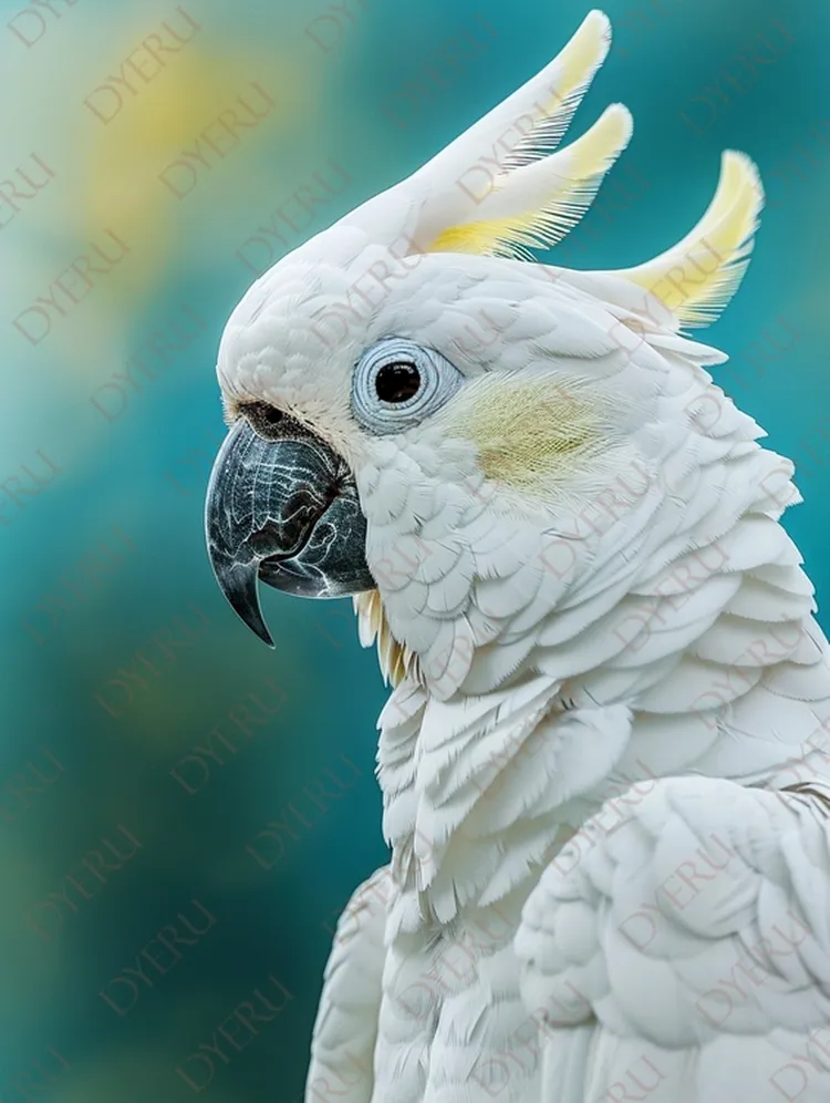 นกแก้วขาวสวยงามพร้อมขนปีกที่นุ่มนวลและสีเหลืองสดใส